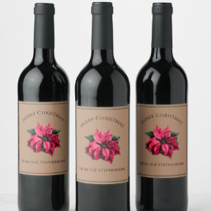 Rode Poinsettia Kerstbloem Aangepaste naam Wijn Etiket