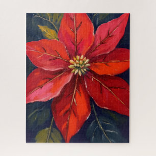 Rode Poinsettia Kerstbloem Geschilderd Legpuzzel