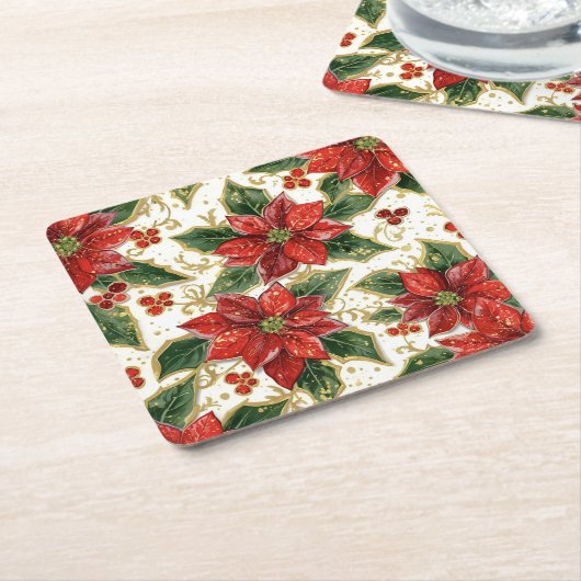 Rode Poinsettia kerstbloemen Kartonnen Onderzetters (Schuin)