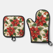 Rode Poinsettia kerstbloemen Ovenwant & Pannenlap Set (Voorkant)
