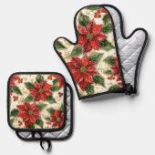 Rode Poinsettia kerstbloemen Ovenwant & Pannenlap Set (Voorkant / Achterkant)