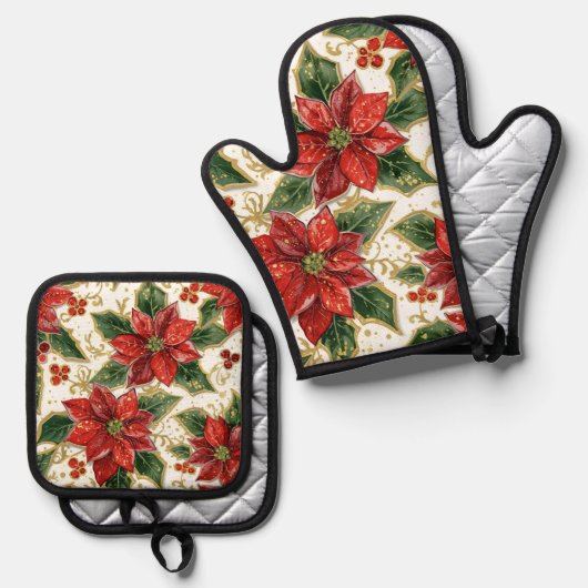 Rode Poinsettia kerstbloemen Ovenwant & Pannenlap Set (Voorkant / Achterkant)