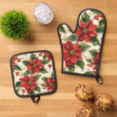 Rode Poinsettia kerstbloemen Ovenwant & Pannenlap Set (Top down)