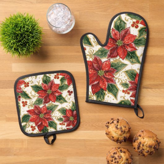 Rode Poinsettia kerstbloemen Ovenwant & Pannenlap Set (Top down)