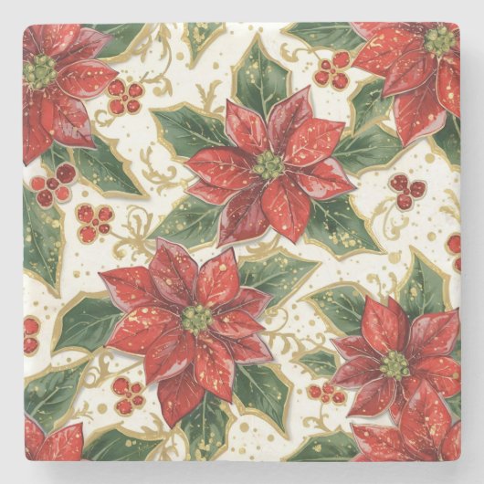 Rode Poinsettia kerstbloemen Stenen Onderzetter (Voorkant)