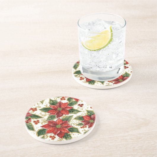 Rode Poinsettia kerstbloemen Zandsteen Onderzetter (Zijkant)