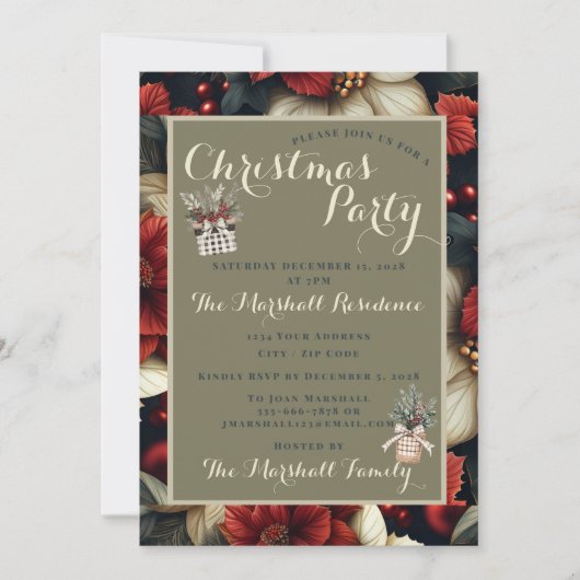 Rode Poinsettia Kerstfeest uitnodiging (Voorkant)