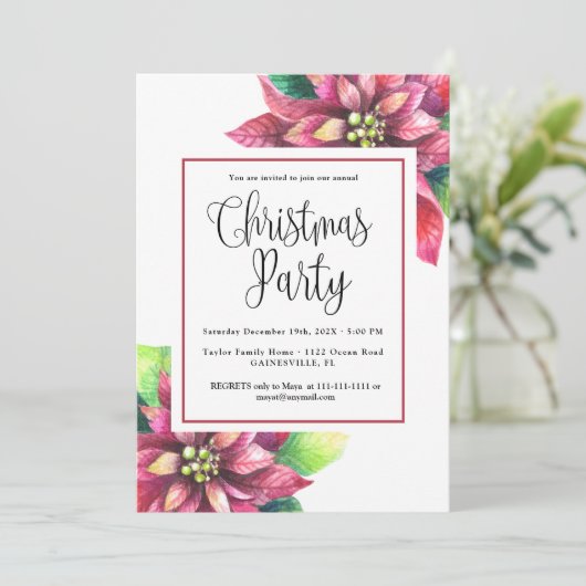 Rode Poinsettia Kerstfeest uitnodiging (Staand voorkant)