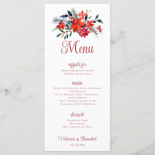 Rode Poinsettia Kerstmis Bloemen Bruiloft Diner Menu (Voorkant)