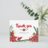 Rode Poinsettia Kerstmis Bruiloft Dank u Briefkaart (Staand voorkant)