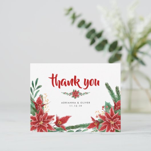 Rode Poinsettia Kerstmis Bruiloft Dank u Briefkaart (Staand voorkant)