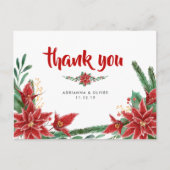Rode Poinsettia Kerstmis Bruiloft Dank u Briefkaart (Voorkant)