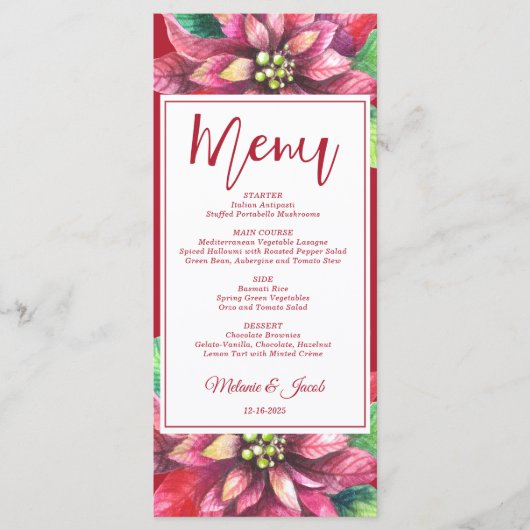 Rode Poinsettia Kerstmis Bruiloft Menu (Voorkant)