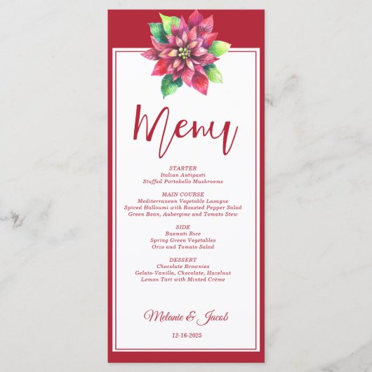 Rode Poinsettia Kerstmis Bruiloft Menu (Voorkant)