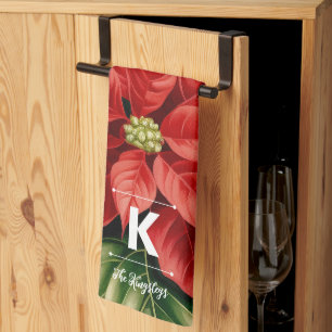 Rode Poinsettia Kerstmis gepersonaliseerd monogram Theedoek