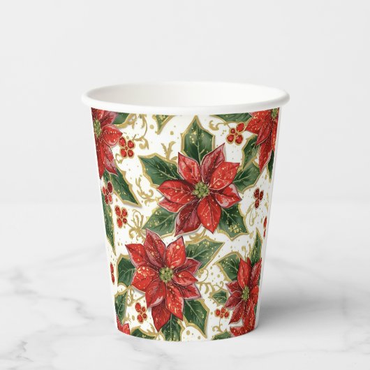 Rode Poinsettia Kerstvakantie Papieren Bekers (Achterkant)