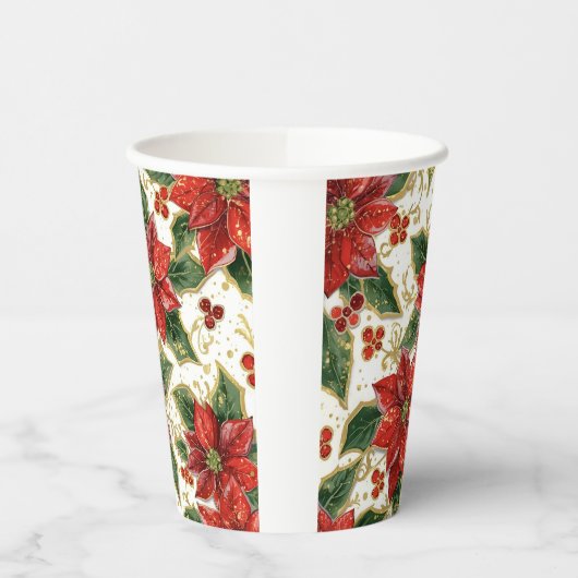 Rode Poinsettia Kerstvakantie Papieren Bekers (Links)