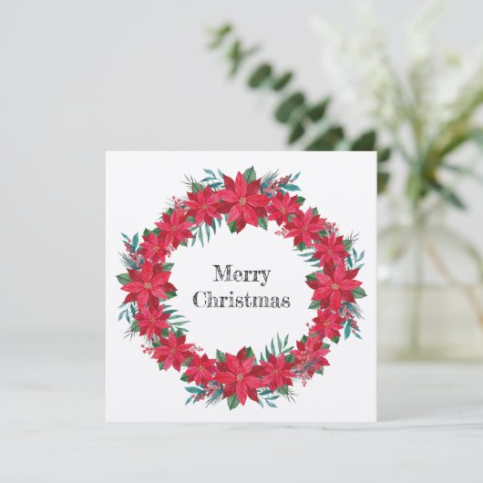 Rode Poinsettia-krans Feestdagenkaart (Staand voorkant)