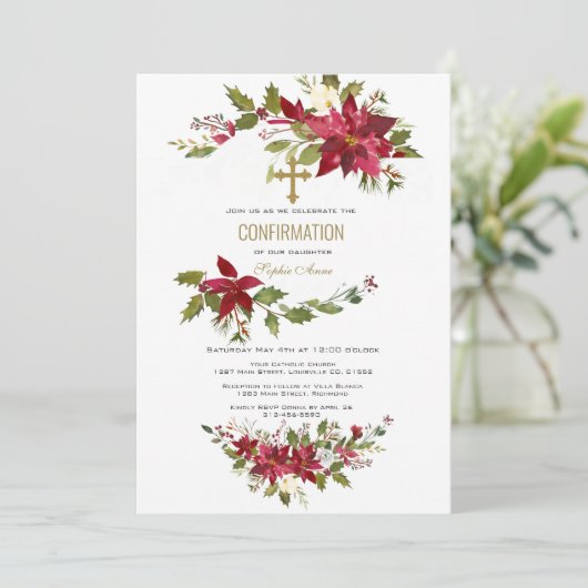 Rode Poinsettia Krans Gouden Kruis Bevestiging Kaart (Staand voorkant)