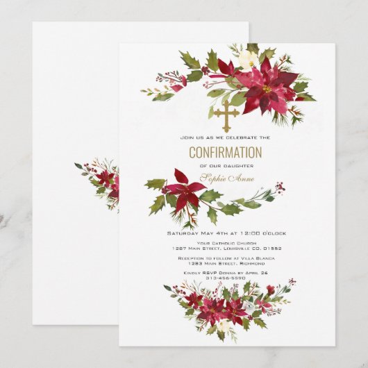 Rode Poinsettia Krans Gouden Kruis Bevestiging Kaart (Voorkant / Achterkant)