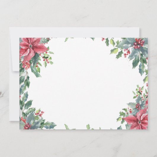 Rode Poinsettia krans Herten & Vogel Kerstavond Kaart (Achterkant)