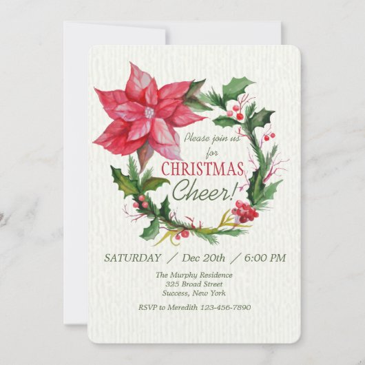 Rode Poinsettia Krans Uitnodiging (Voorkant)