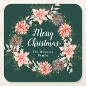 Rode Poinsettia krans Vrolijk Kerstfeest Kartonnen Onderzetters (Voorkant)