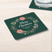 Rode Poinsettia krans Vrolijk Kerstfeest Kartonnen Onderzetters (Schuin)