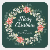 Rode Poinsettia krans Vrolijk Kerstfeest Vierkante Sticker (Voorkant)