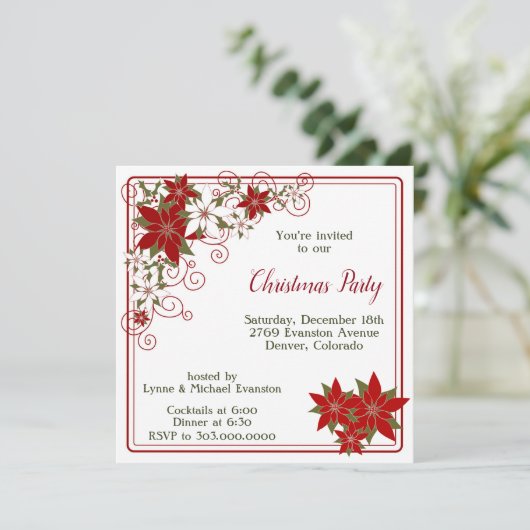 Rode Poinsettia Lijst Kerstfeest Kaart (Staand voorkant)