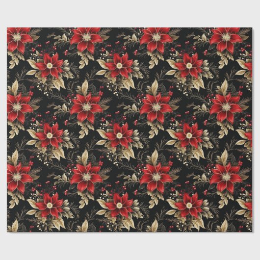Rode Poinsettia Luxe Kerst Patroon Gift Cadeaupapier (Vlak)