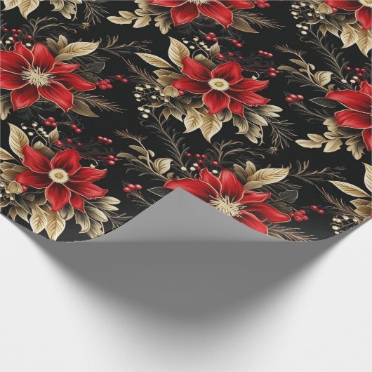 Rode Poinsettia Luxe Kerst Patroon Gift Cadeaupapier (Hoek)