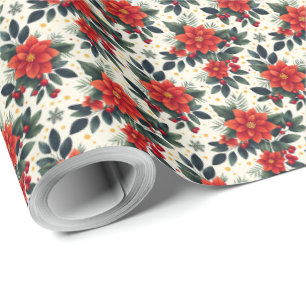 Rode poinsettia met sneeuwvlokken kerstcadeau wrap cadeaupapier