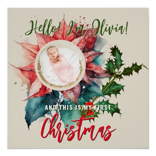 Rode Poinsettia Mistletoe Baby Naam Foto Kerstmis Perfect Poster (Voorkant)