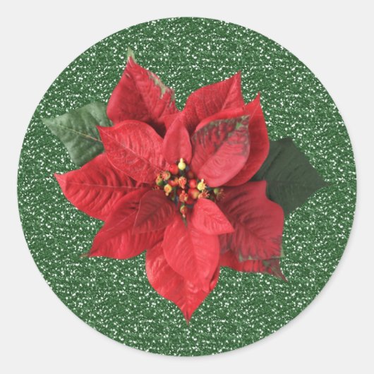 Rode Poinsettia op groen Kerst sticker (Voorkant)