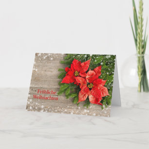 Rode Poinsettia op houten Duitse Kerstmis Feestdagen Kaart