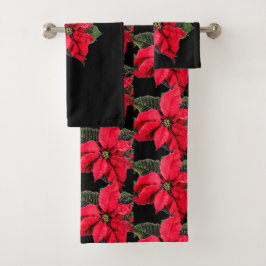 Rode Poinsettia op Zwarte Kerst Bloemstuk Bad Handdoek