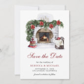 Rode Poinsettia open haard kerstbruiloft Save The Date (Voorkant)