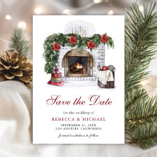 Rode Poinsettia open haard kerstbruiloft Save The Date