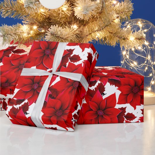 Rode Poinsettia Pastel Kerst Naadloos Cadeaupapier (Feestdagen)