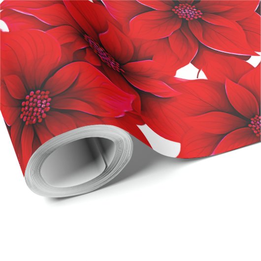 Rode Poinsettia Pastel Kerst Naadloos Cadeaupapier (Rol Hoek)