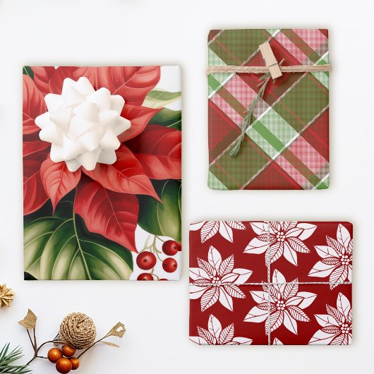 Rode Poinsettia Plaid Kerstwinter Vakantie Inpakpapier Vel