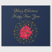 Rode Poinsettia Plant op glinsterende sterrenblauw Cadeaupapier (Vlak)