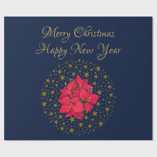 Rode Poinsettia Plant op glinsterende sterrenblauw Cadeaupapier (Vlak)