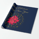 Rode Poinsettia Plant op glinsterende sterrenblauw Cadeaupapier (Uitgerold)