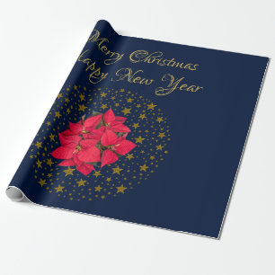 Rode Poinsettia Plant op glinsterende sterrenblauw Cadeaupapier