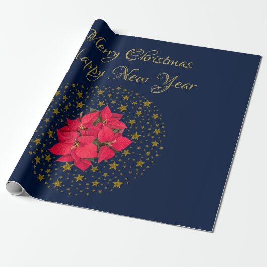 Rode Poinsettia Plant op glinsterende sterrenblauw Cadeaupapier (Uitgerold)