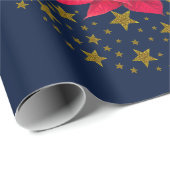Rode Poinsettia Plant op glinsterende sterrenblauw Cadeaupapier (Rol Hoek)