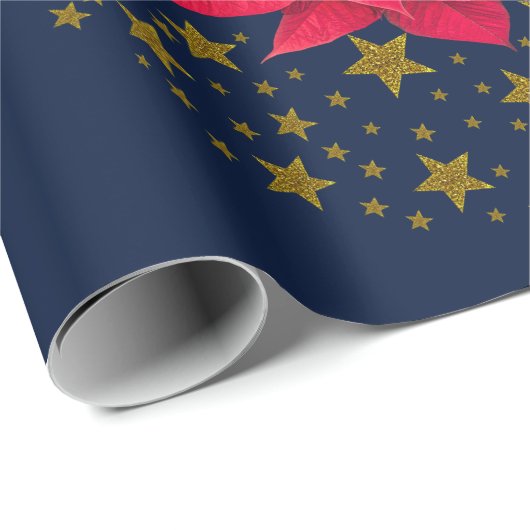 Rode Poinsettia Plant op glinsterende sterrenblauw Cadeaupapier (Rol Hoek)
