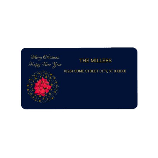 Rode Poinsettia Plant op glinsterende sterrenblauw Etiket (Voorkant)